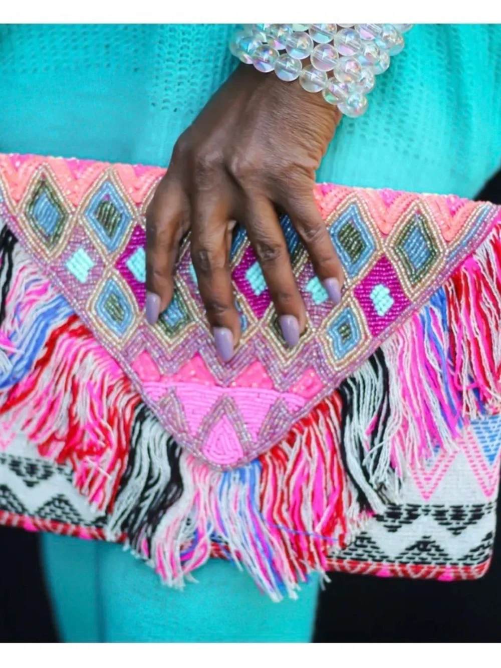 🌷Handcrafted Pink Multi-Color Fringe Hannah Clutch